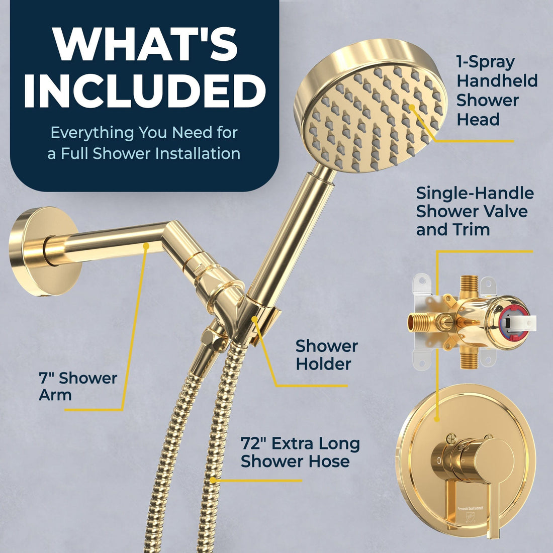 What's Included All Metal Handheld Shower Head Set - Complete Shower System with Valve and Trim Polished Brass  2.5