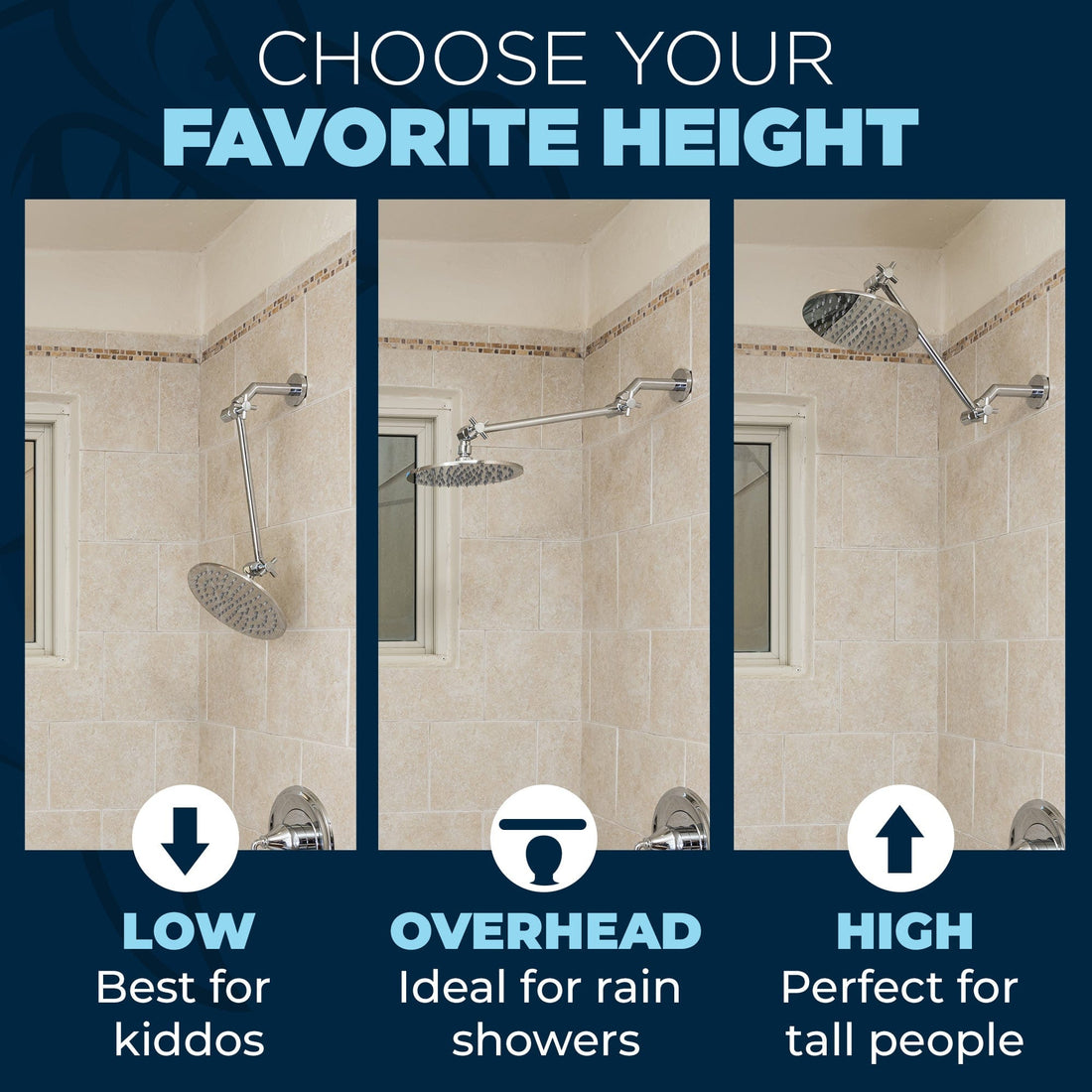 (Favorite Height 3) Choose Your Favorite Shower head Height with Adjustable Shower Arm Extension 16 Inch / Chrome - The Shower Head Store