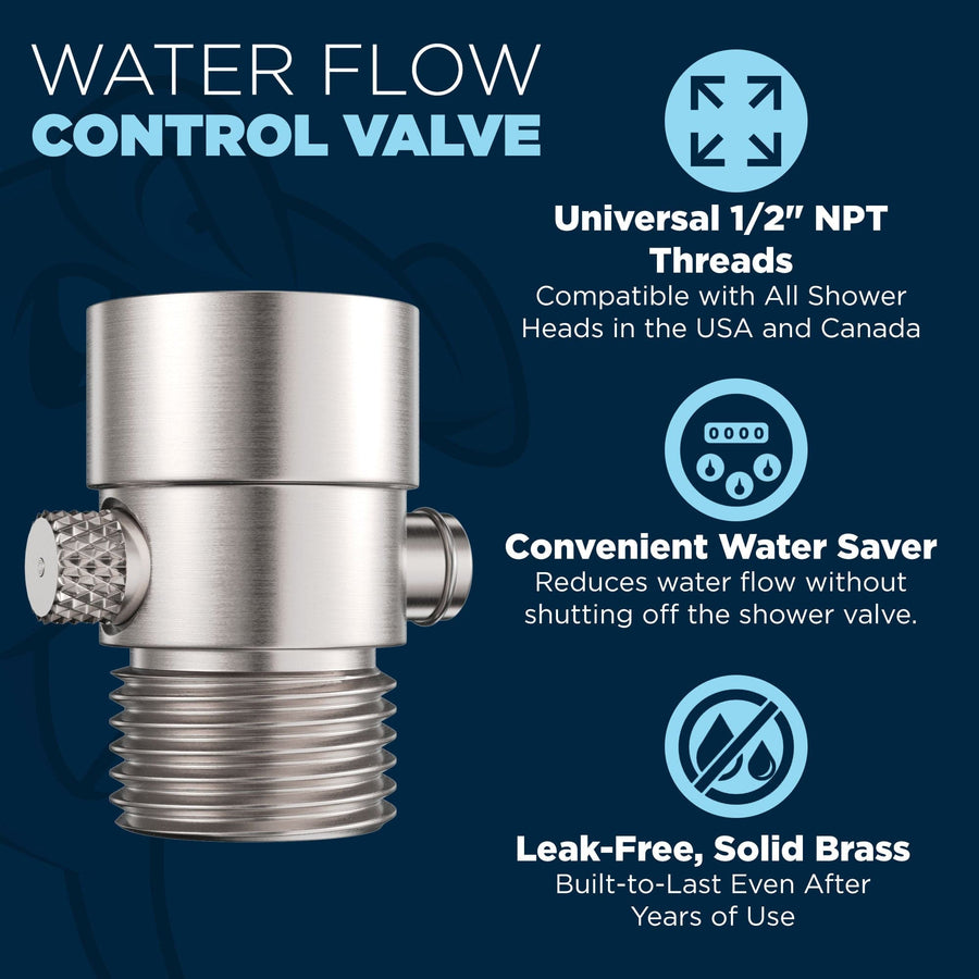 (Features 2) HammerHead Showers ALL METAL Water Flow Control Valve for Shower Head - Brass Push-Button Shower Shut Off Valve Reduces Flow to a Trickle - Plumbing Code Compliant Brushed Nickel - The Shower Head Store