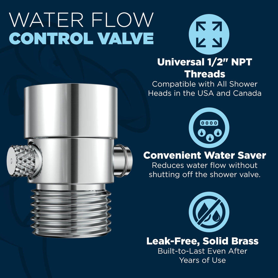 (Features 2) HammerHead Showers ALL METAL Water Flow Control Valve for Shower Head - Brass Push-Button Shower Shut Off Valve Reduces Flow to a Trickle - Plumbing Code Compliant Chrome - The Shower Head Store