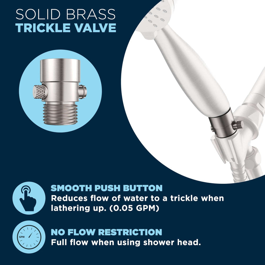 (Features) HammerHead Showers ALL METAL Water Flow Control Valve for Shower Head - Brass Push-Button Shower Shut Off Valve Reduces Flow to a Trickle - Plumbing Code Compliant Brushed Nickel - The Shower Head Store
