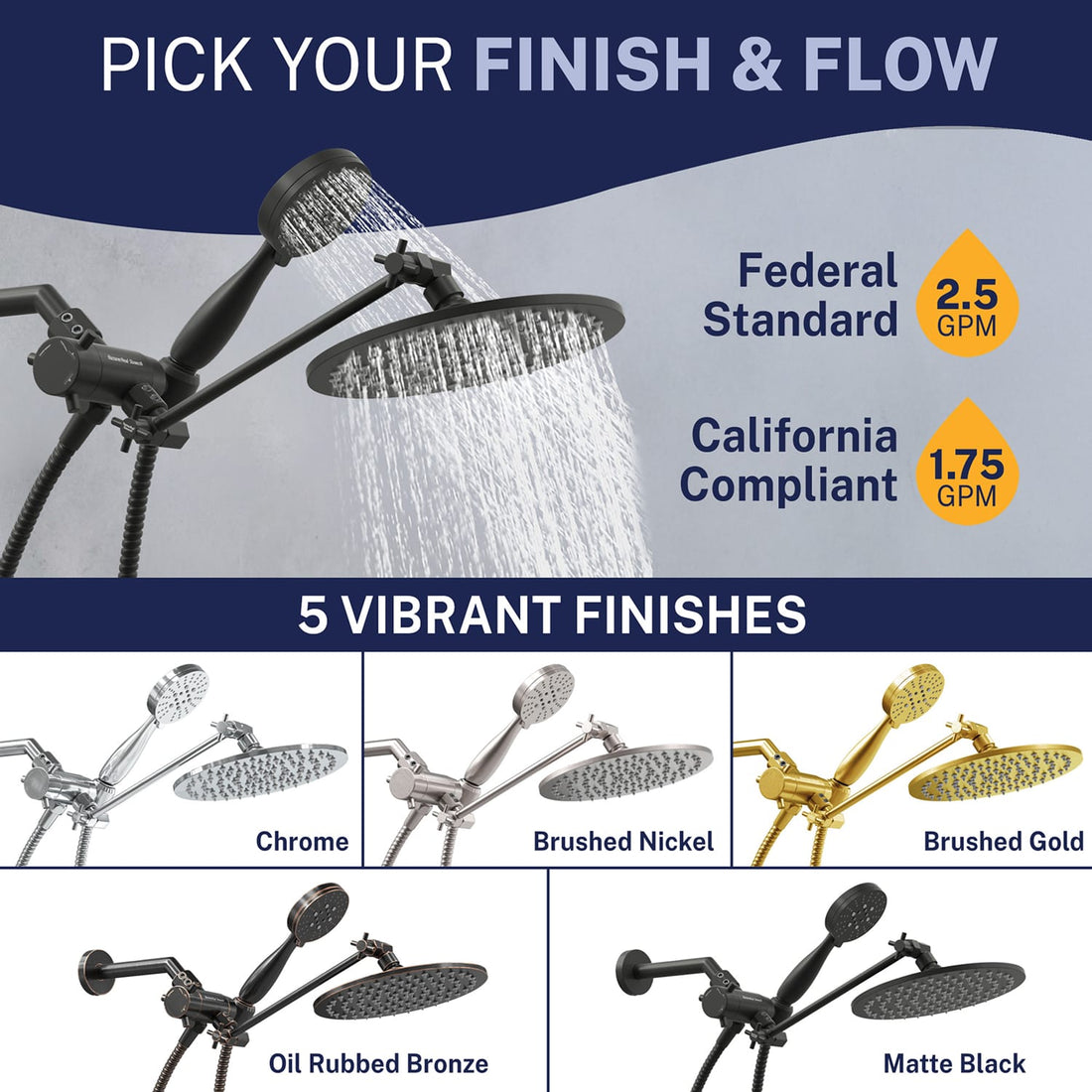 Finish and Flow 3-Spray Dual with Adjustable Arm Matte Black / 2.5 GPM - The Shower Head Store