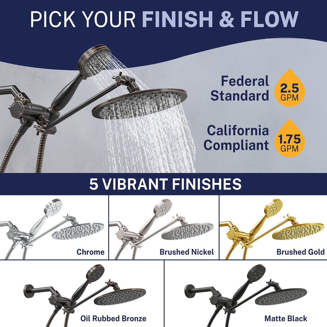Finish and Flow Built to Last 3-Spray Dual with Adjustable Arm Oil Rubbed Bronze / 2.5 GPM - The Shower Head Store