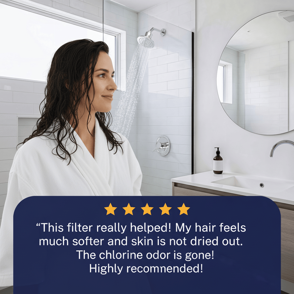 Woman standing near shower with Gillian running water, recommending filter