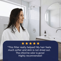 Woman standing near shower with Gillian running water, recommending filter