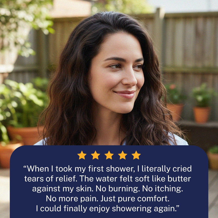 Woman with a five-star rating text overlay about filtered shower experience