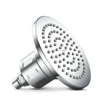Chrome filtered shower head on a white background