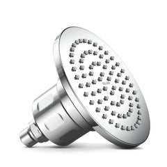 Chrome filtered shower head on a white background