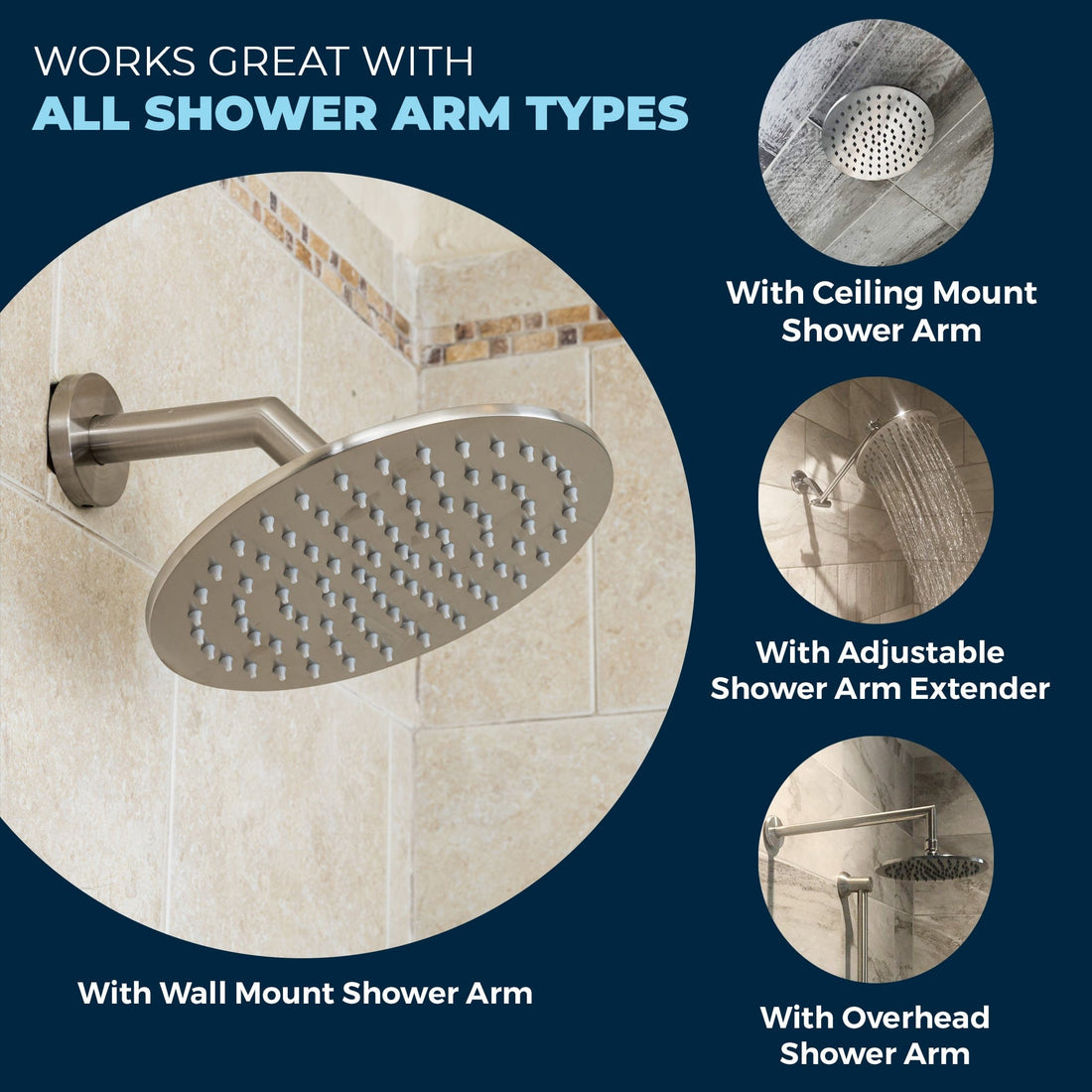 Benefit 3 All Metal 8 Inch Rain Shower Head with 2.5 GPM Rainfall Spray - Canada Brushed Gold / 2.5 - The Shower Head Store