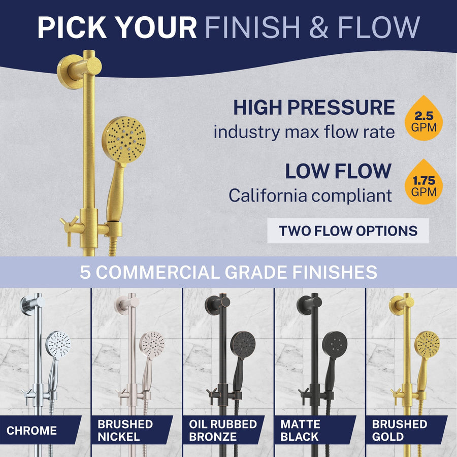 Finish and Flow Slide Bar with 3-Spray Hand Held Shower Head & Hose Matte Black  / 2.5 - The Shower Head Store
