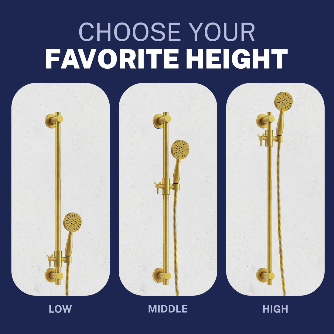 Adjustable Height Slide Bar with 3-Spray Hand Held Shower Head & Hose Brushed Gold / 2.5 GPM Brushed Gold / 1.75 GPM - The Shower Head Store