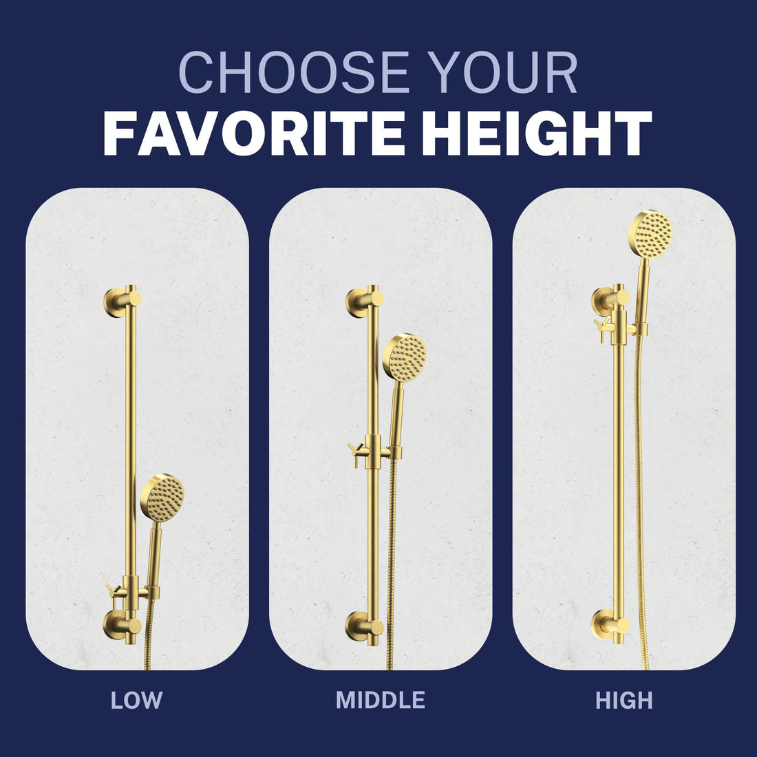 Adjustable Height Steve White Bundle - 2H Valve and Trim Slide Bar with 1-Spray and 8-inch Rain Shower Head Brushed Gold  / 2.5 - The Shower Head Store