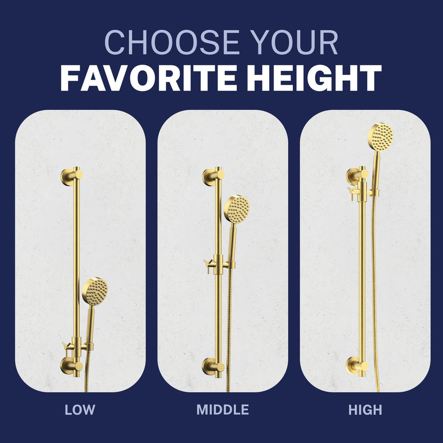Adjustable Height Steve White Bundle - 2H Valve and Trim Slide Bar with 1-Spray and 8-inch Rain Shower Head Brushed Gold  / 2.5 - The Shower Head Store