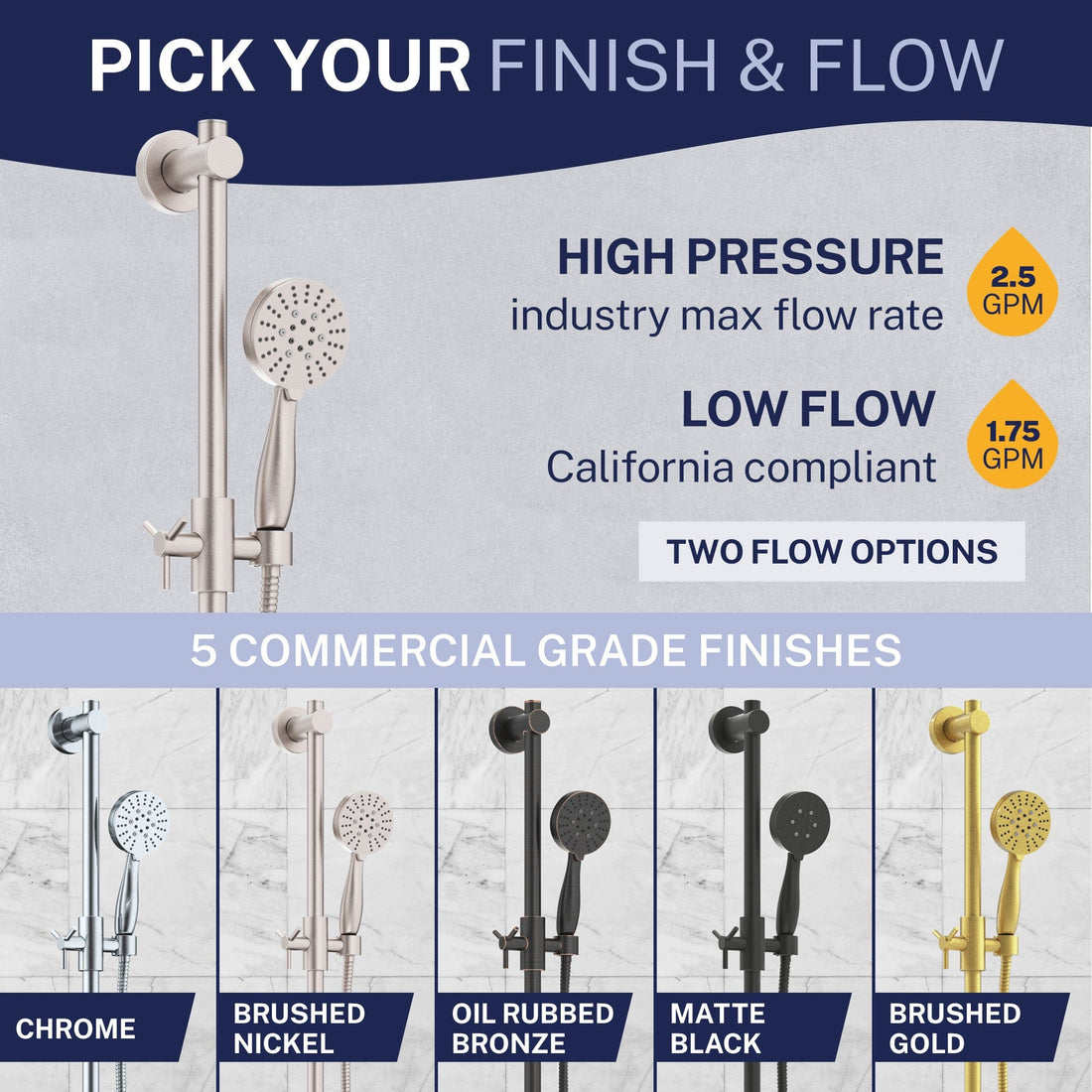 Finish and Flow Slide Bar with 3-Spray Hand Held Shower Head & Hose Brushed Nickel  / 2.5 - The Shower Head Store
