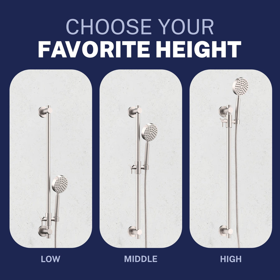 Adjustable Height Steve White Bundle - 2H Valve and Trim Slide Bar with 1-Spray and 8-inch Rain Shower Head Brushed Nickel  / 2.5 - The Shower Head Store