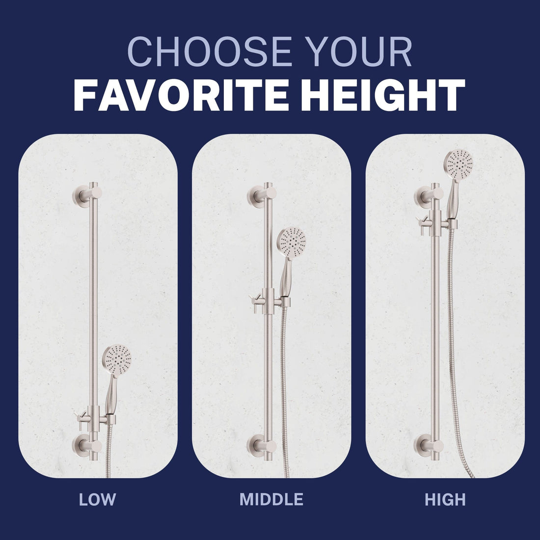 Adjustable Height Slide Bar with 3-Spray Hand Held Shower Head & Hose Brushed Nickel  / 2.5 - The Shower Head Store