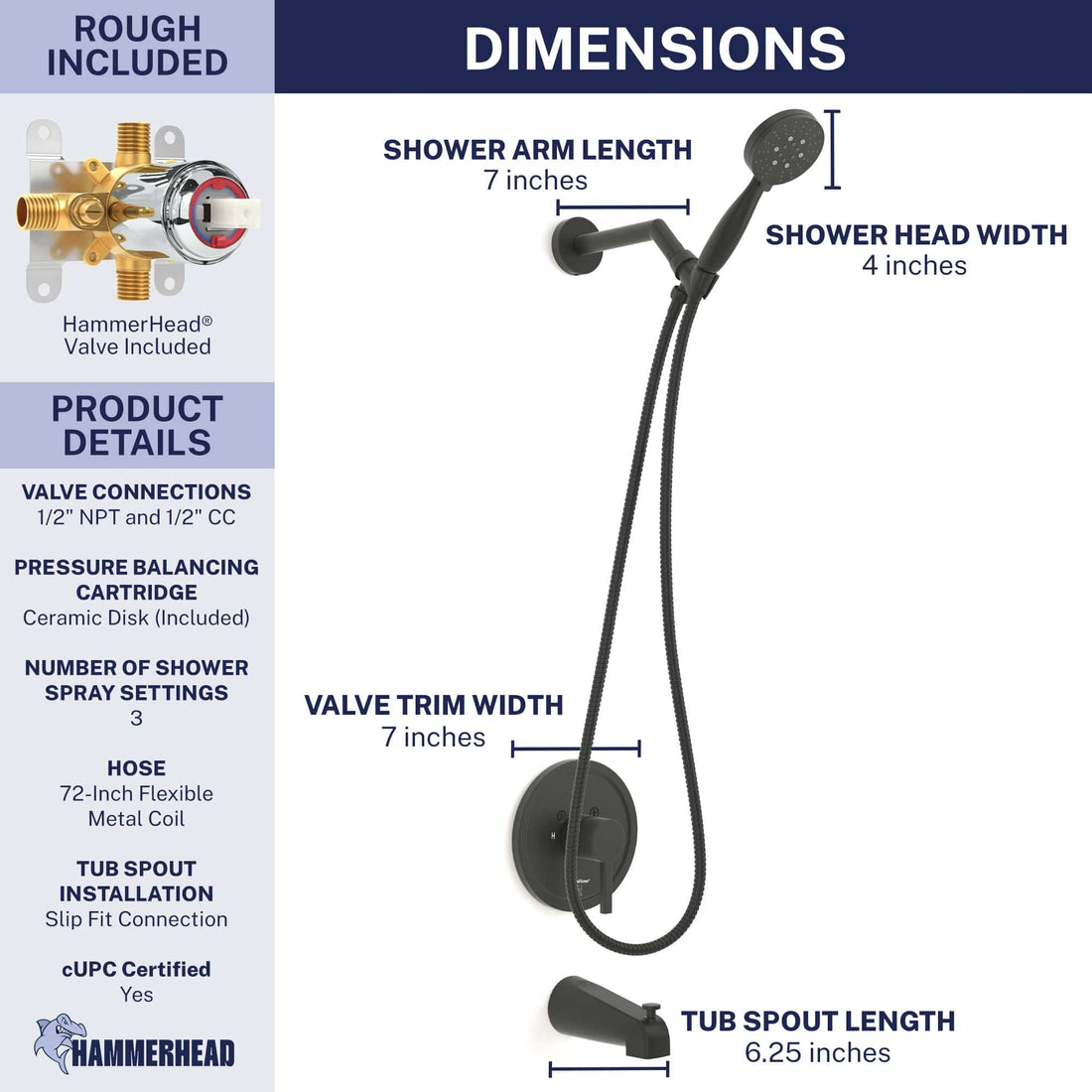 Dimensions 1-Handle Valve and Trim Shower System Matte Black / 2.5 GPM - The Shower Head Store