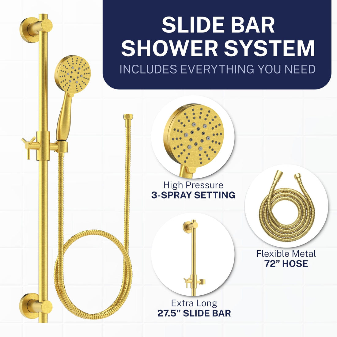 Inclusions Slide Bar with 3-Spray Hand Held Shower Head & Hose Matte Black  / 2.5 - The Shower Head Store