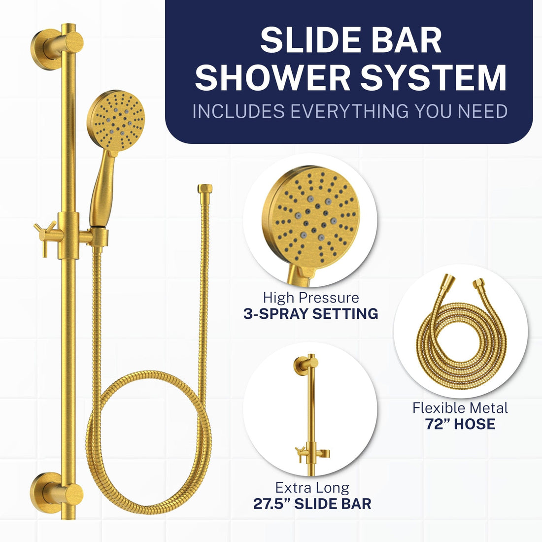 Inclusions Slide Bar with 3-Spray Hand Held Shower Head & Hose Brushed Gold / 2.5 GPM Brushed Gold / 1.75 GPM - The Shower Head Store