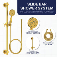 Inclusions Slide Bar with 3-Spray Hand Held Shower Head & Hose Brushed Gold / 2.5 GPM Brushed Gold / 1.75 GPM - The Shower Head Store
