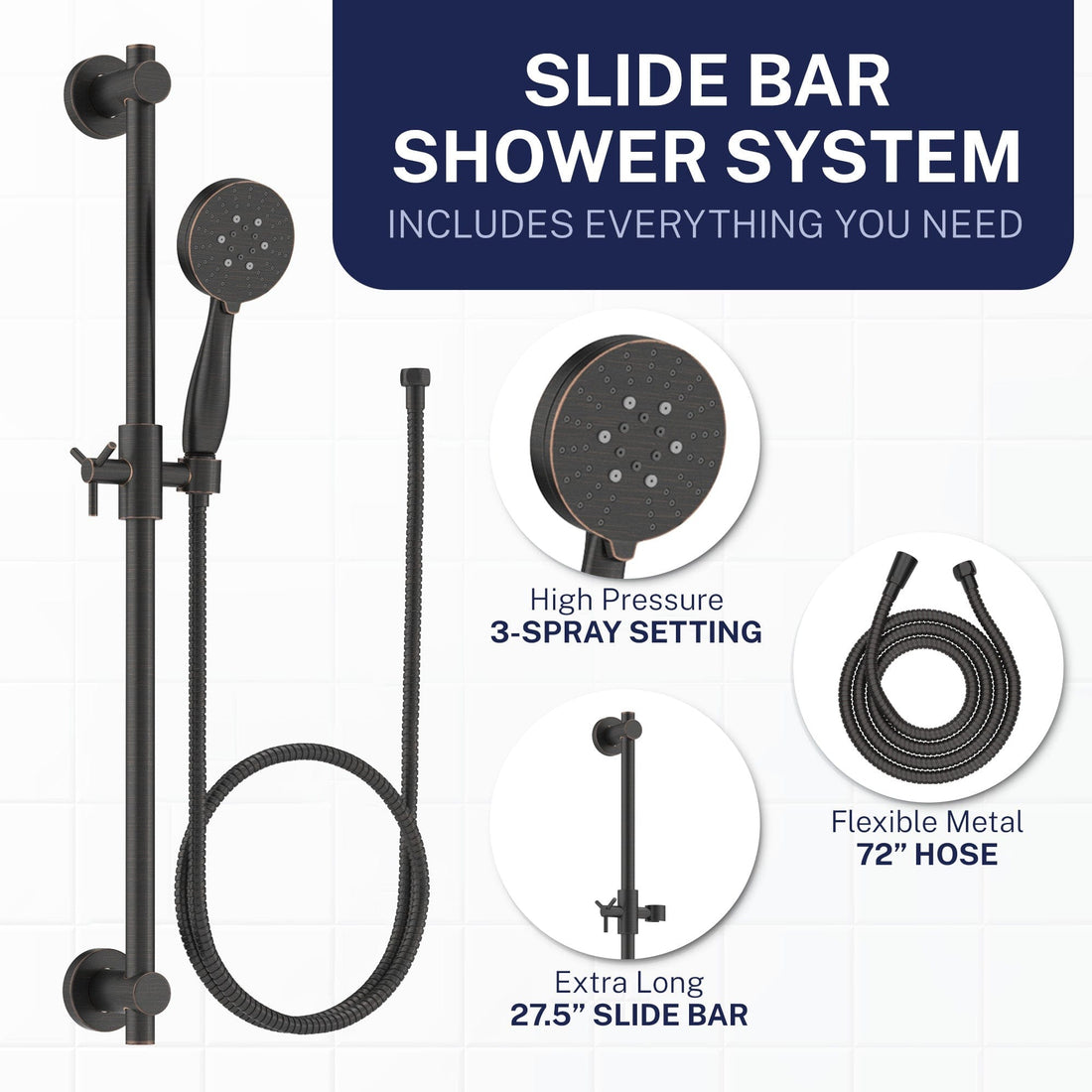 Inclusions Slide Bar with 3-Spray Hand Held Shower Head & Hose Oil Rubbed Bronze  / 2.5 - The Shower Head Store