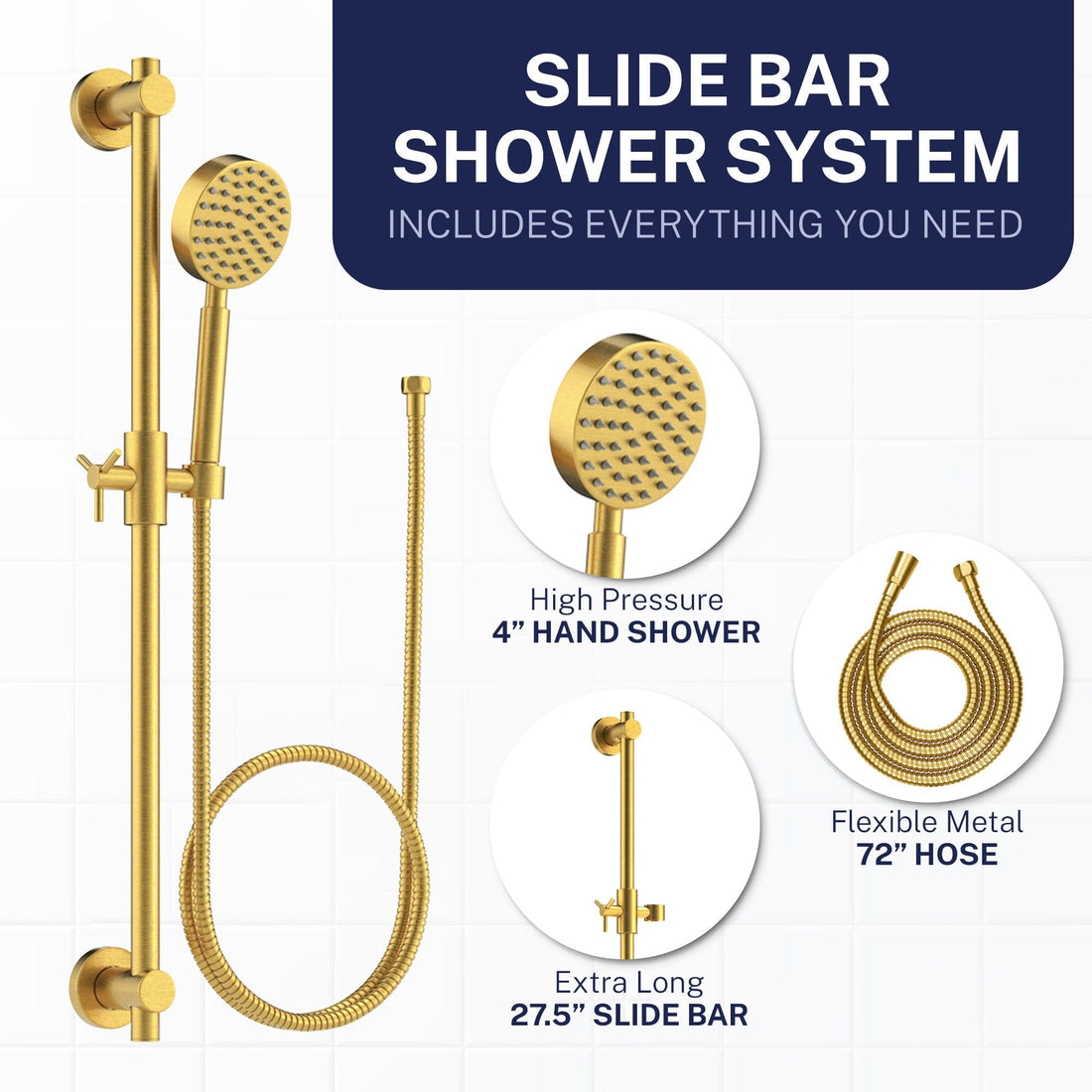 Inclusions ALL Metal Shower Slide Bar with Hand Held Shower Head & Hose Brushed Gold / 2.5 GPM Brushed Gold / 1.75 GPM - The Shower Head Store