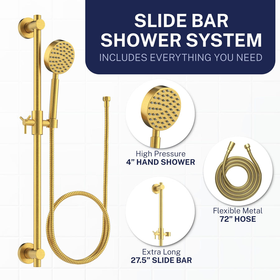 Inclusions ALL Metal Shower Slide Bar with Hand Held Shower Head & Hose Brushed Gold - The Shower Head Store