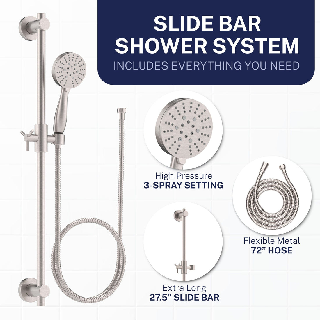 Inclusions Slide Bar with 3-Spray Hand Held Shower Head & Hose Brushed Nickel  / 2.5 - The Shower Head Store