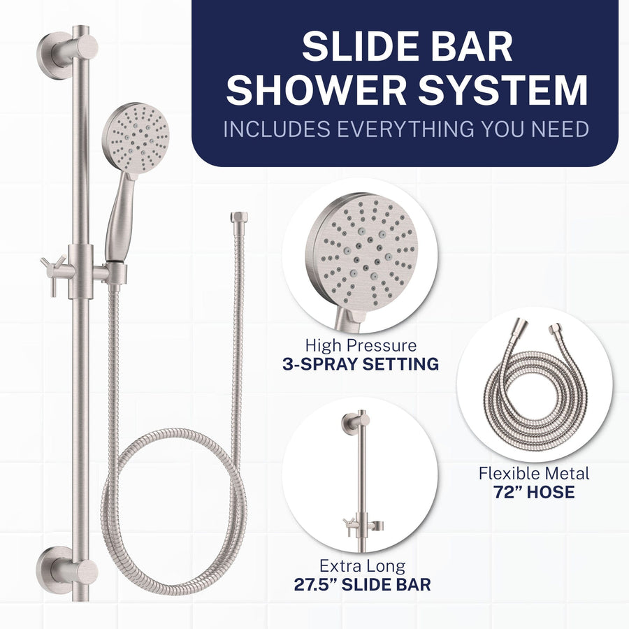 Inclusions Slide Bar with 3-Spray Hand Held Shower Head & Hose Brushed Nickel  / 2.5 - The Shower Head Store