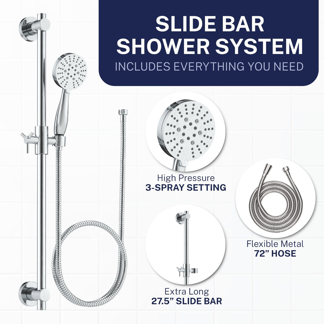What's Included Slide Bar with 3-Spray Hand Held Shower Head & Hose Chrome / 2.5 - The Shower Head Store