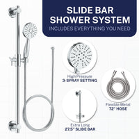What's Included Slide Bar with 3-Spray Hand Held Shower Head & Hose Chrome / 2.5 - The Shower Head Store