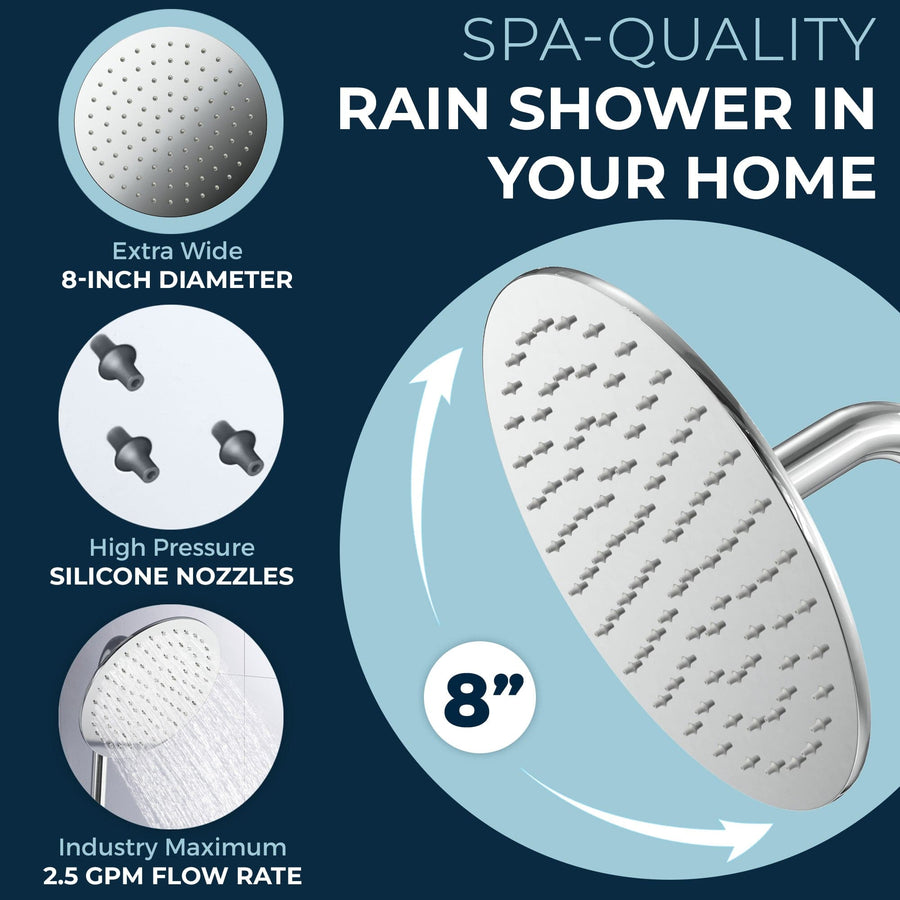 Infographic S-Style Shower Arm with Rain Shower Head Chrome - The Shower Head Store