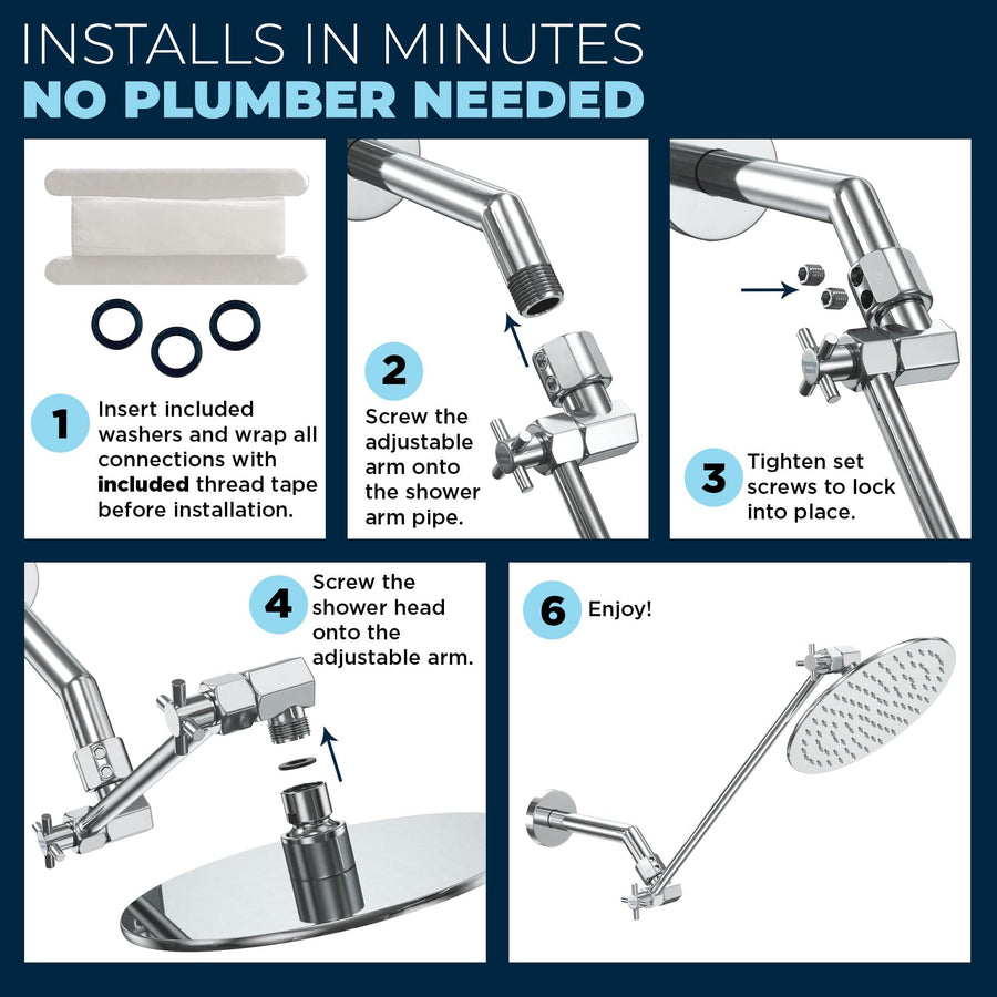 (Install) 16 Inch Adjustable Shower Arm Extension Pipe Raise or Lower Shower Head Height Easy Installation Chrome Chrome / 16 Inch - The Shower Head Store