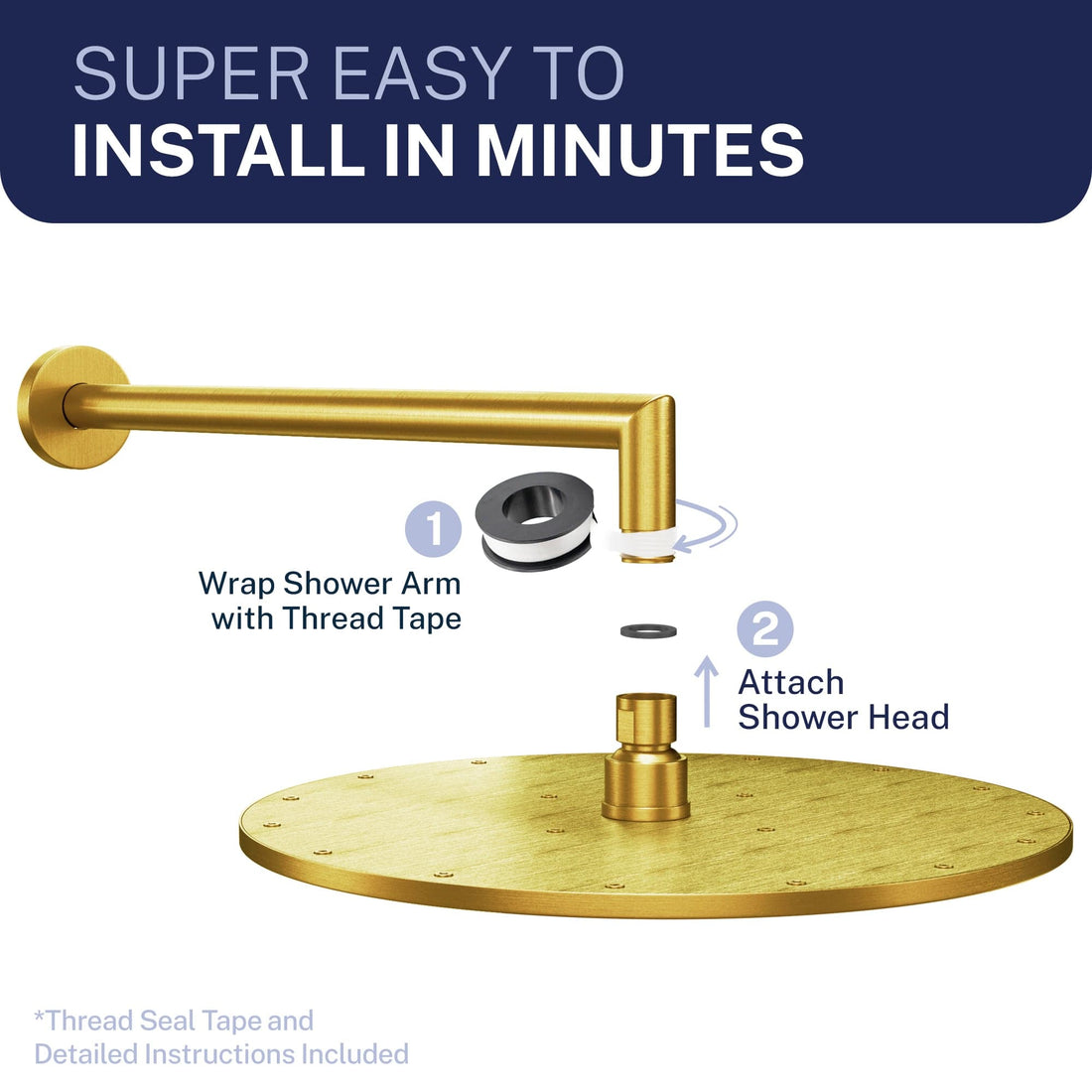 Installs in Minutes 12 Inch Rain Shower Head with Arm Brushed Gold / 2.5 - The Shower Head Store