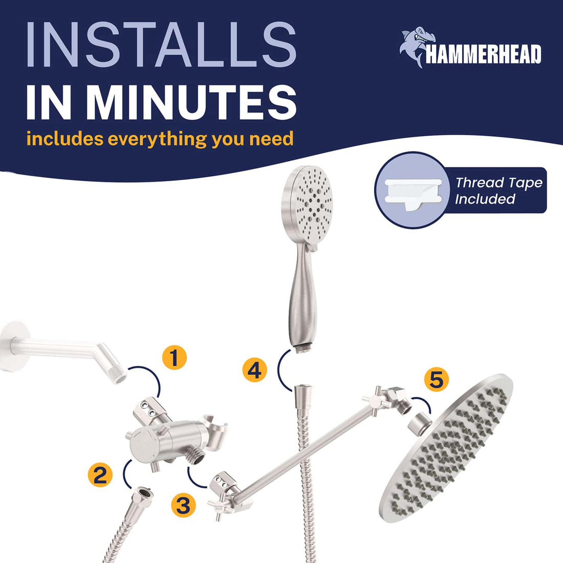 Installation 3-Spray Dual with Adjustable Arm Brushed Nickel / 2.5 GPM Brushed Nickel / 1.75 GPM - The Shower Head Store