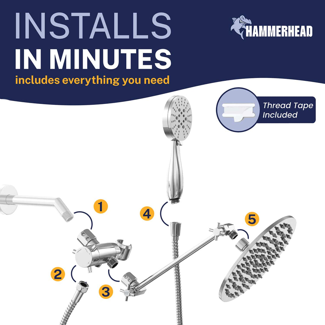 Installation 3-Spray Dual with Adjustable Arm Chrome / 2.5 GPM Chrome / 1.75 GPM - The Shower Head Store