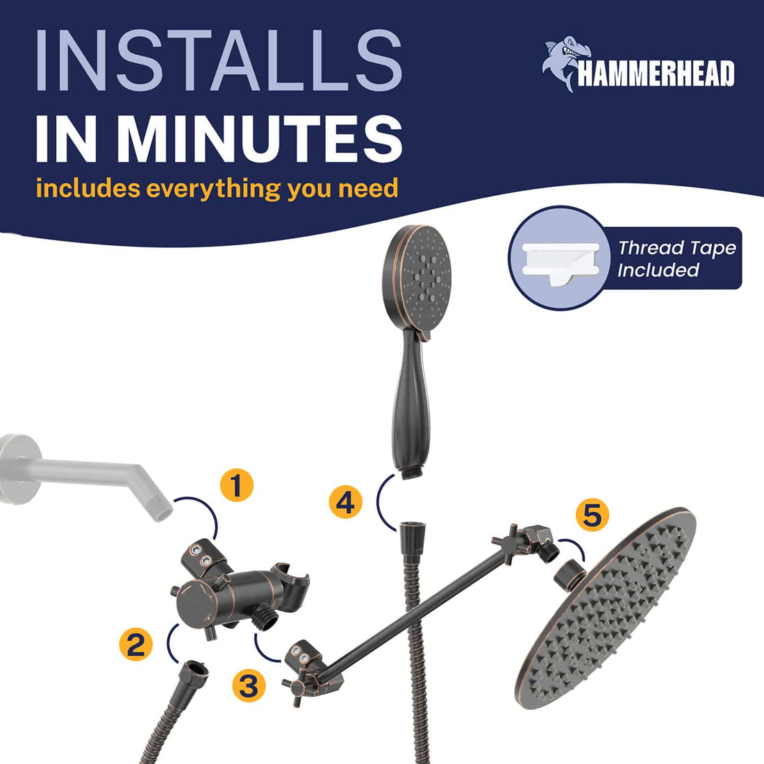 Installation 3-Spray Dual with Adjustable Arm Oil Rubbed Bronze / 2.5 GPM - The Shower Head Store