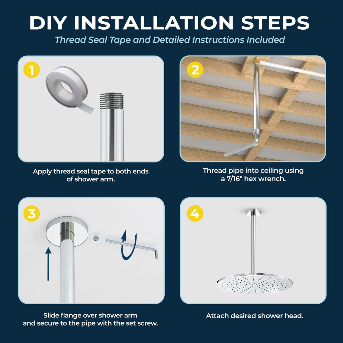 Installation 12" Straight Shower Arm Brushed Nickel  - The Shower Head Store