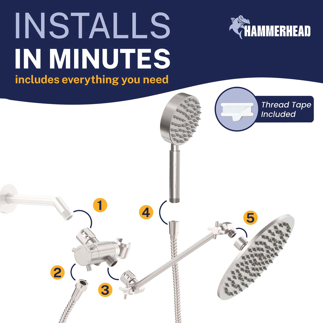Installation 1-Spray Dual with Adjustable Arm Brushed Nickel / 2.5 GPM - The Shower Head Store