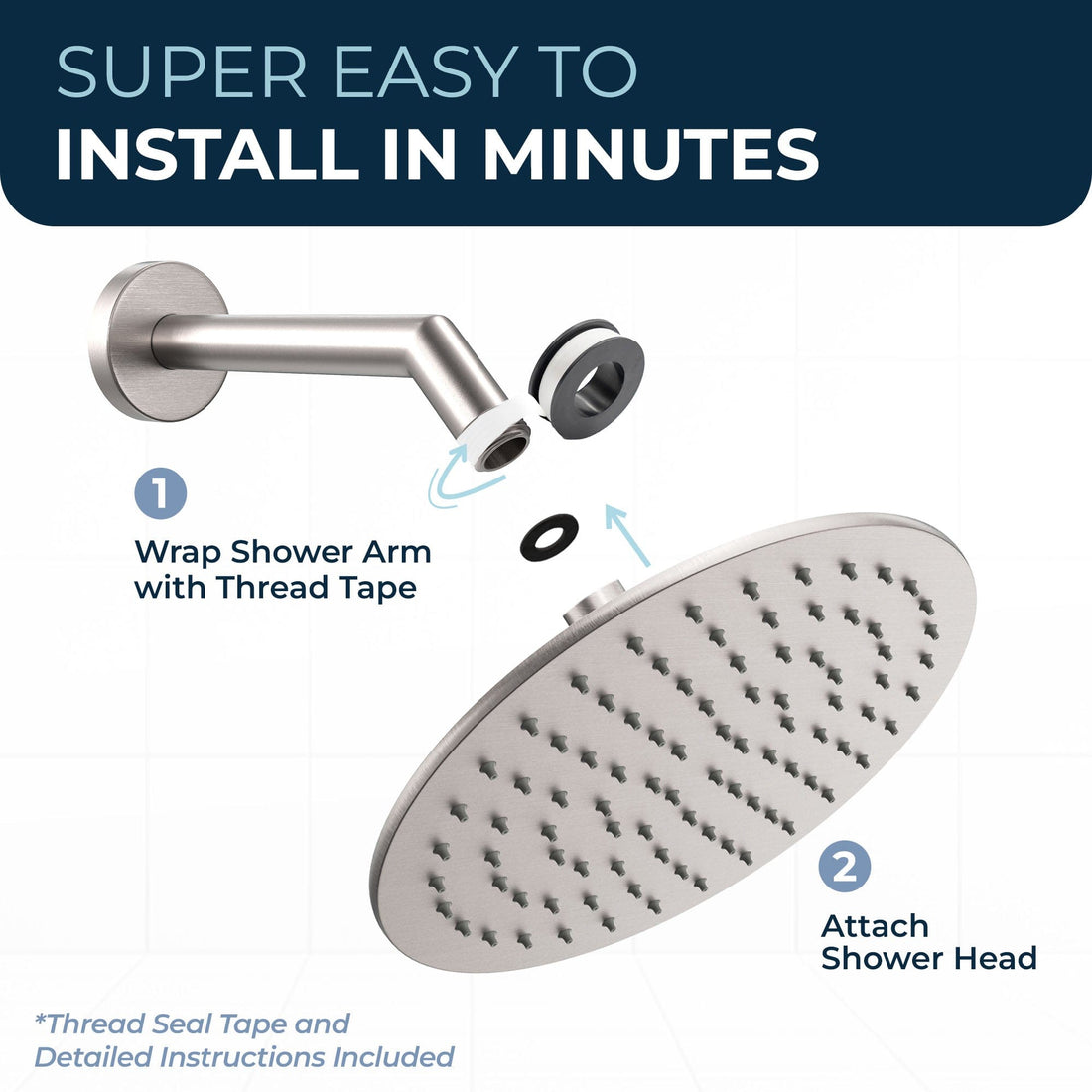 Installation 8 Inch Round Rain Shower Head Brushed Nickel  / 2.5 - The Shower Head Store