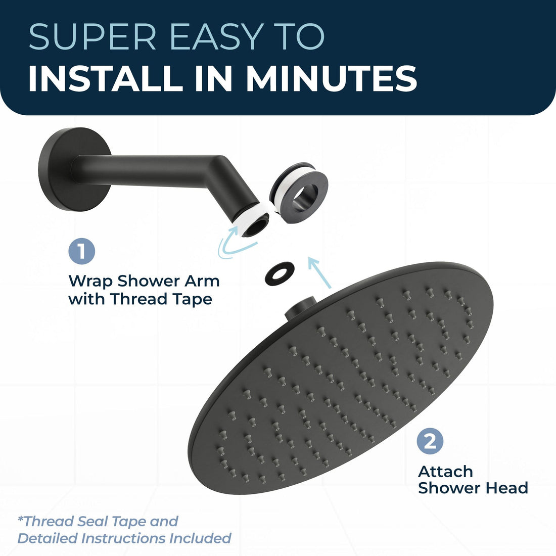 Installation 8 Inch Round Rain Shower Head Matte Black  / 2.5 - The Shower Head Store