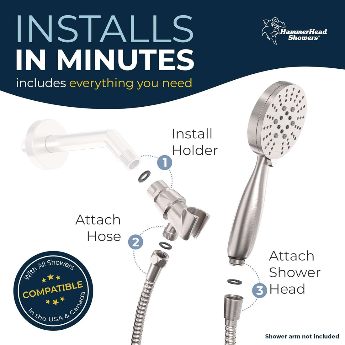 Installs in Minutes All Metal 3-Spray Hand Held Shower Head with Hose Brushed Nickel / 2.5 - The Shower Head Store