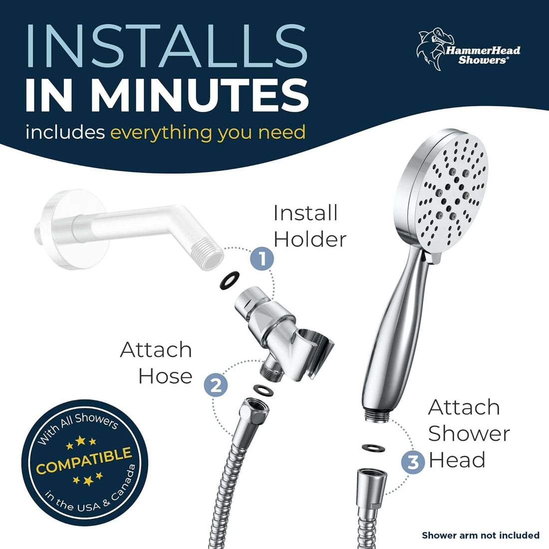 Installs in Minutes All Metal 3-Spray Hand Held Shower Head with Hose Chrome/ 2.5 - The Shower Head Store