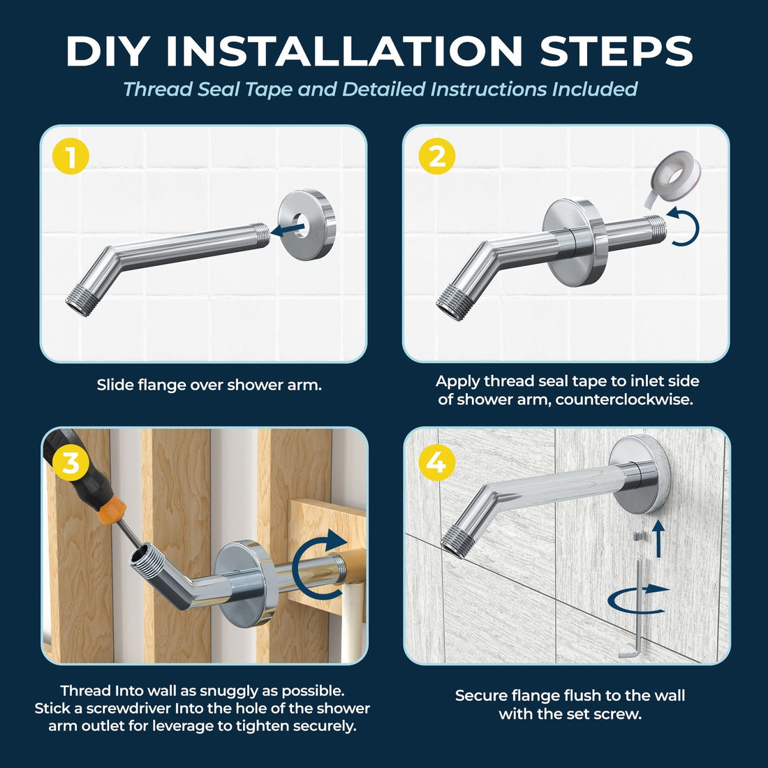Installation All Metal 7" Shower Arm Brushed Nickel - The Shower Head Store