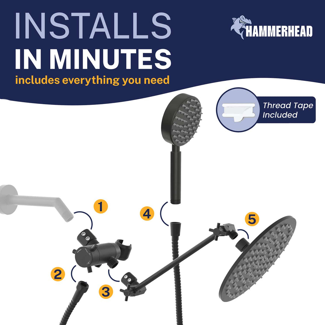 Installation 1-Spray Dual with Adjustable Arm Matte Black / 2.5 GPM - The Shower Head Store