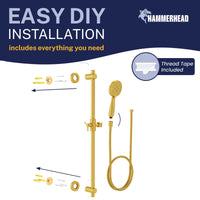 Easy Install Slide Bar with 3-Spray Hand Held Shower Head & Hose Brushed Gold / 2.5 GPM Brushed Gold / 1.75 GPM - The Shower Head Store