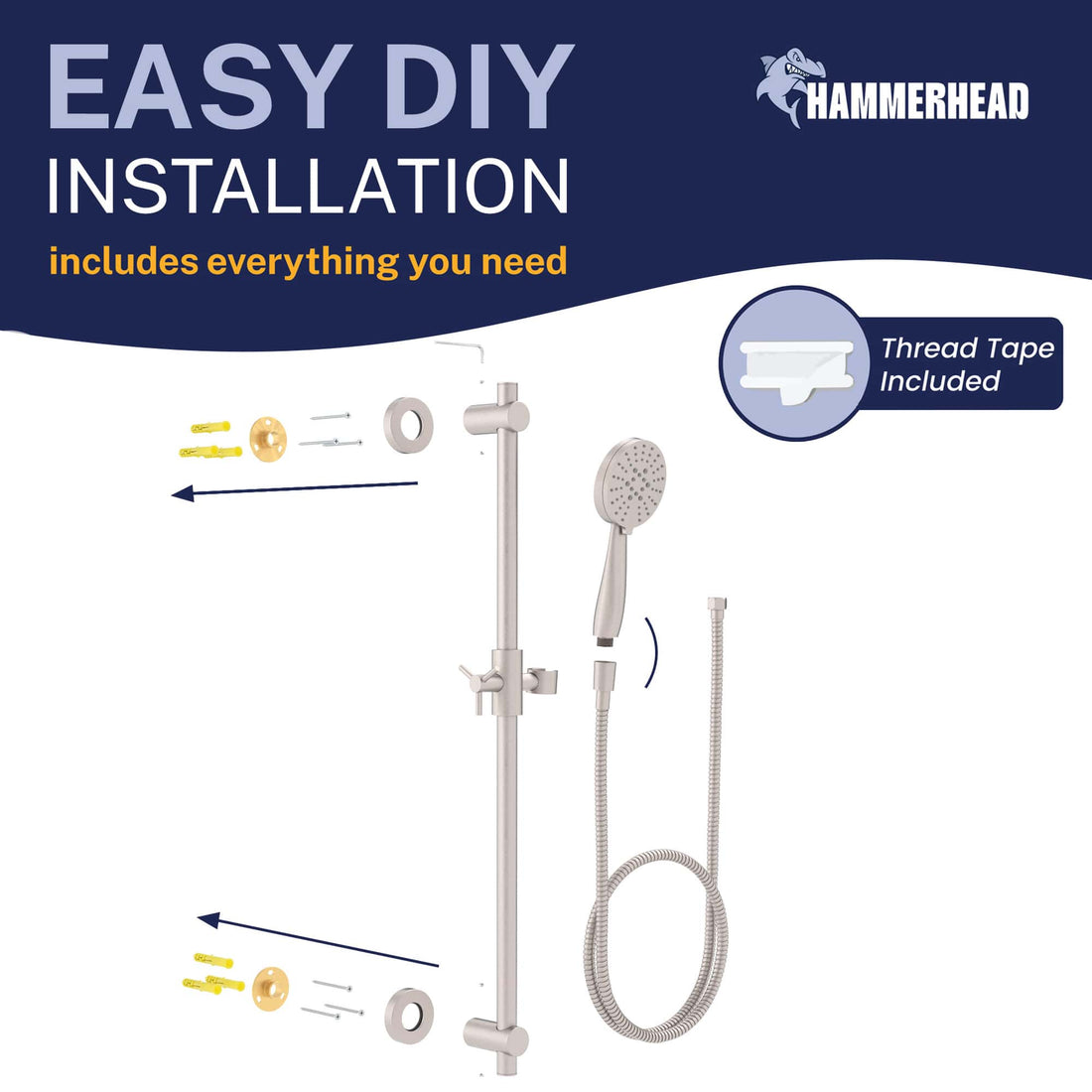 Easy Install Slide Bar with 3-Spray Hand Held Shower Head & Hose Brushed Nickel / 2.5 GPM Brushed Nickel / 1.75 GPM  - The Shower Head Store