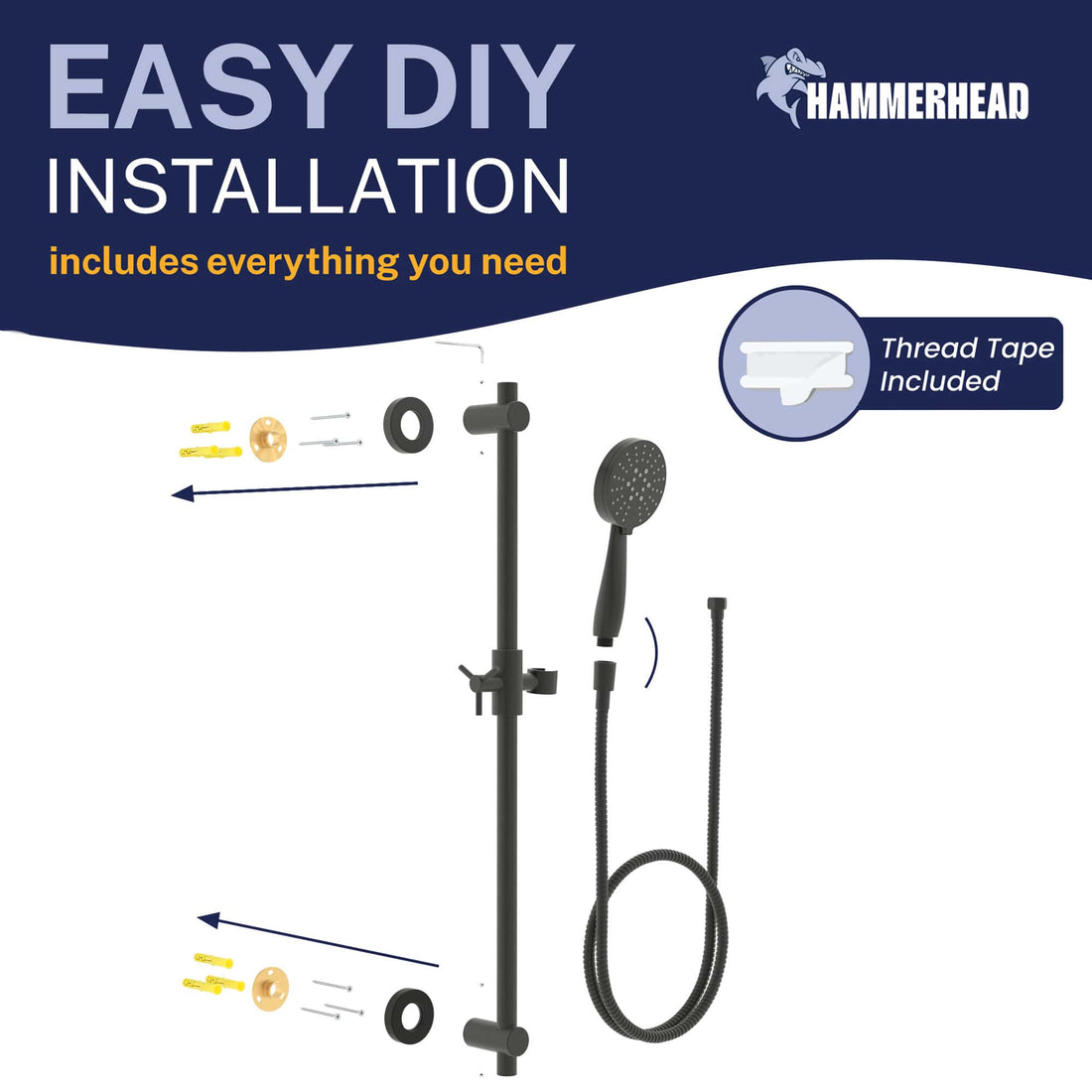 Easy Install Slide Bar with 3-Spray Hand Held Shower Head & Hose Matte Black / 2.5 GPM Matte Black / 1.75 GPM  - The Shower Head Store