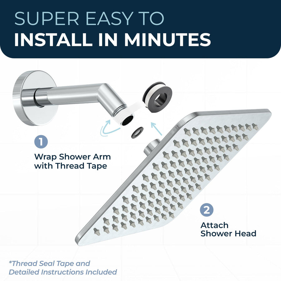 All Metal 8 Inch Square Rain Shower Head with 2.5 GPM Rainfall Spray