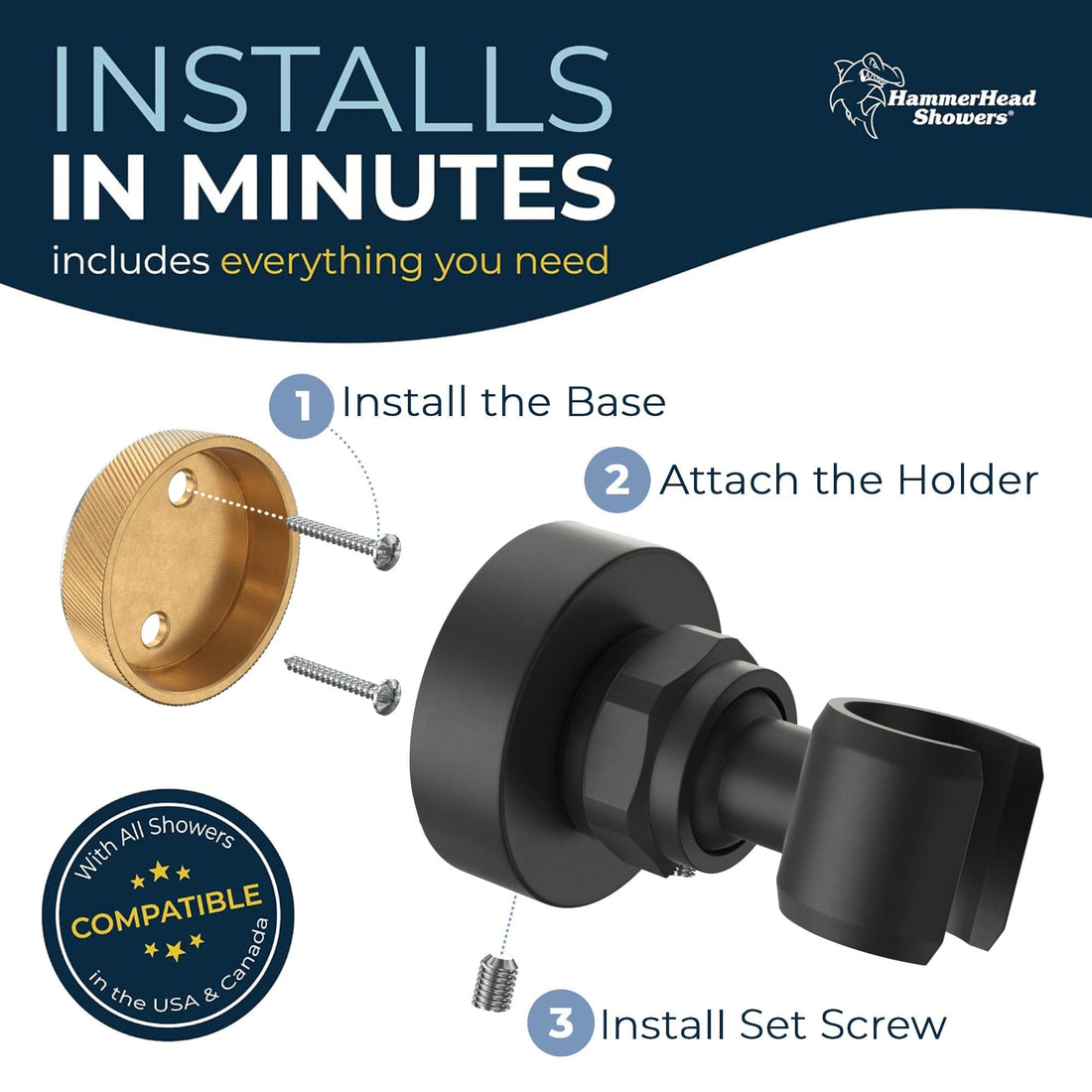 Installation Wall Mount Holder Matte Black  - The Shower Head Store